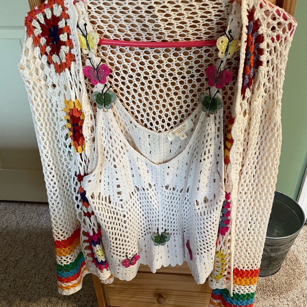 Multi Color Bohemian Cardigan and a Bonus Crochet Tank with Butterflies